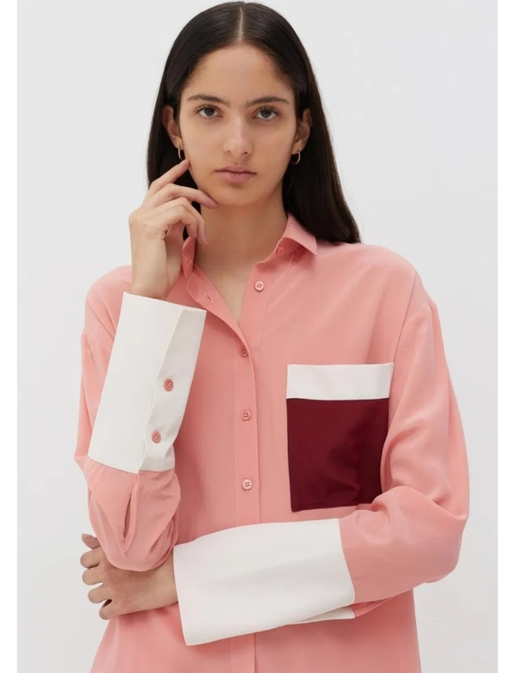 Chinti & Parker Dusty Rose Button-Up Shirt Silk Contrast Pocket Oversize Sz6